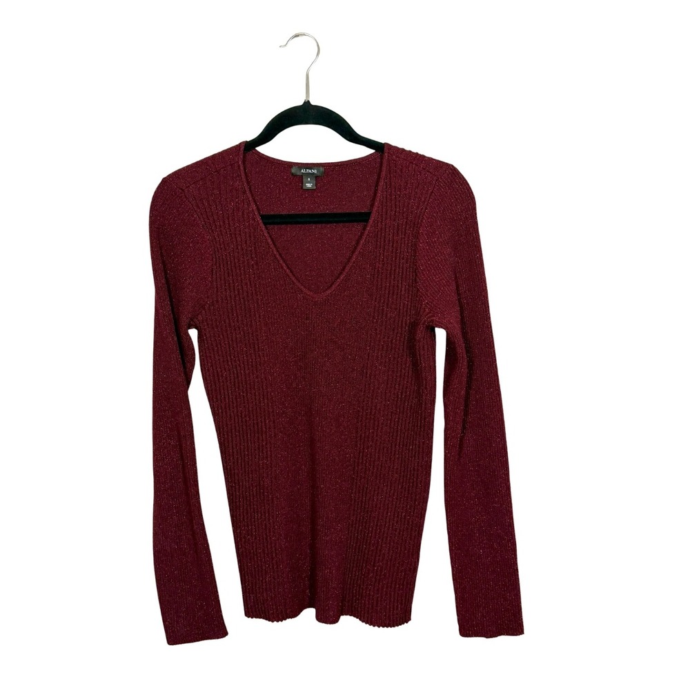 Alfani Womens Burgundy Metallic Ribbed V-Neck Long Sleeve Sweater Size S